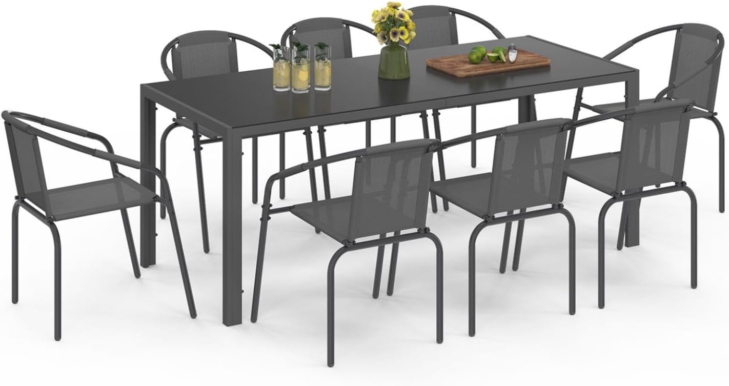 IDMarket - Salon Thelma - table 190 cm + 8 chaises empilables - gris anthracite