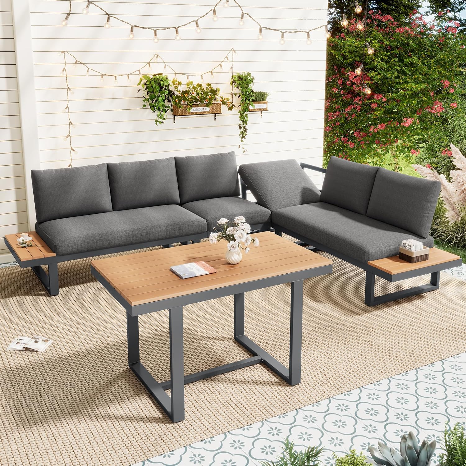 Sapgaks - Ensemble salon jardin inclinable 5 positions - structure acier, plateau bois-plastique, table incluse - gris/n
