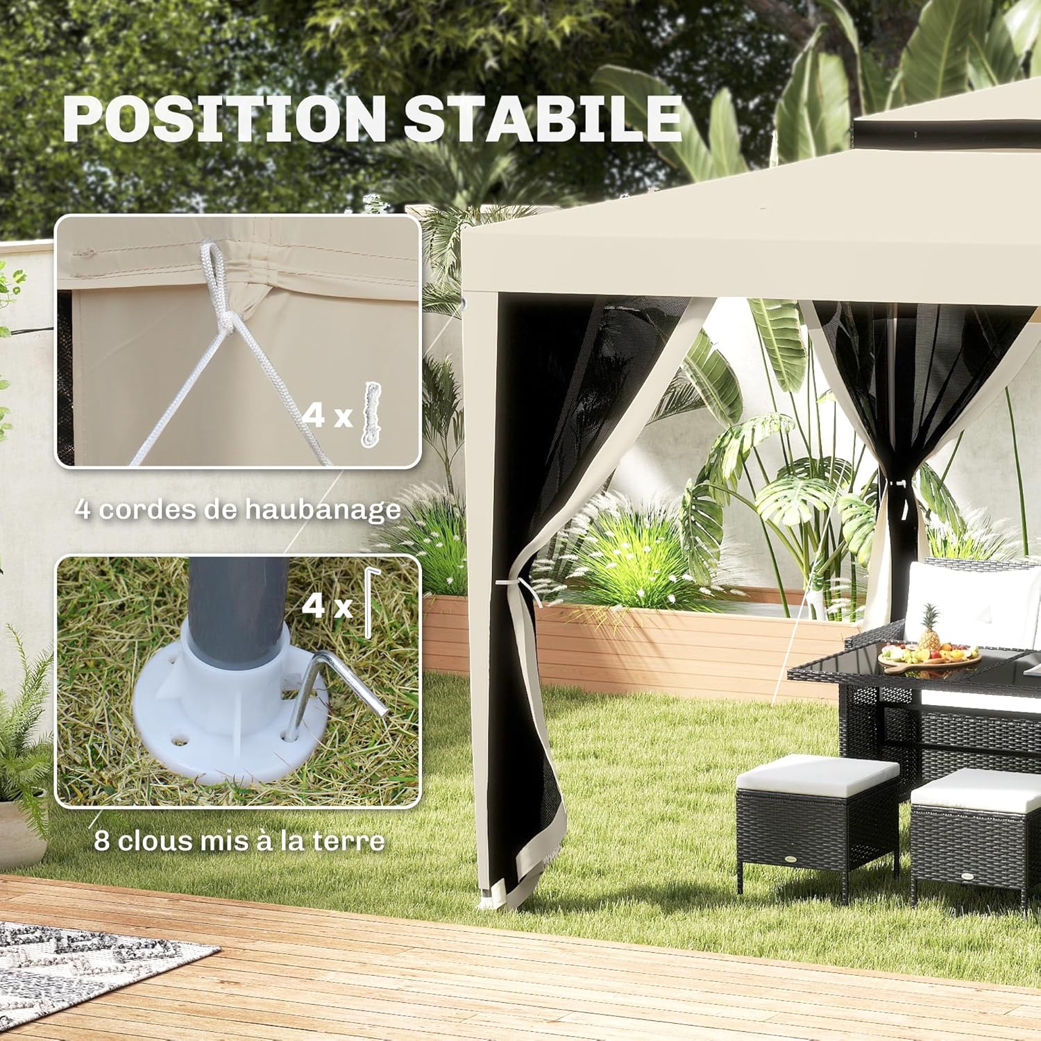 Outsunny - Tonnelle Barnum Jardin - 3x3m - moustiquaires, double toit, beige
