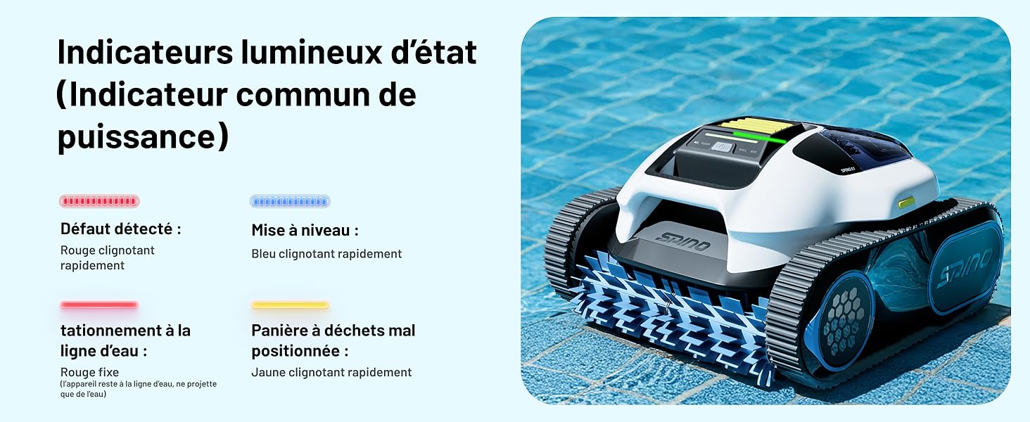 Le texte se lit comme suit : « Indicateurs lumineux d'état (Indicateur commun de puissance) ». Schéma montrant un véhicule ou un appareil bleu avec des indicateurs techniques et des voyants d'état.