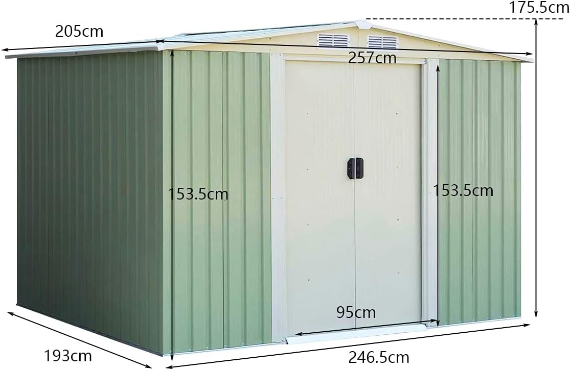 GOPLUS 4,75㎡ Abri de Jardin Métal Galvanisé, Cabine de Jardin Extérieur Portes Coulissantes, Résistant aux Intempéries, 8,34m³, Cabane de Rangement à Outils, 205 x 257 x 175 cm, Vert