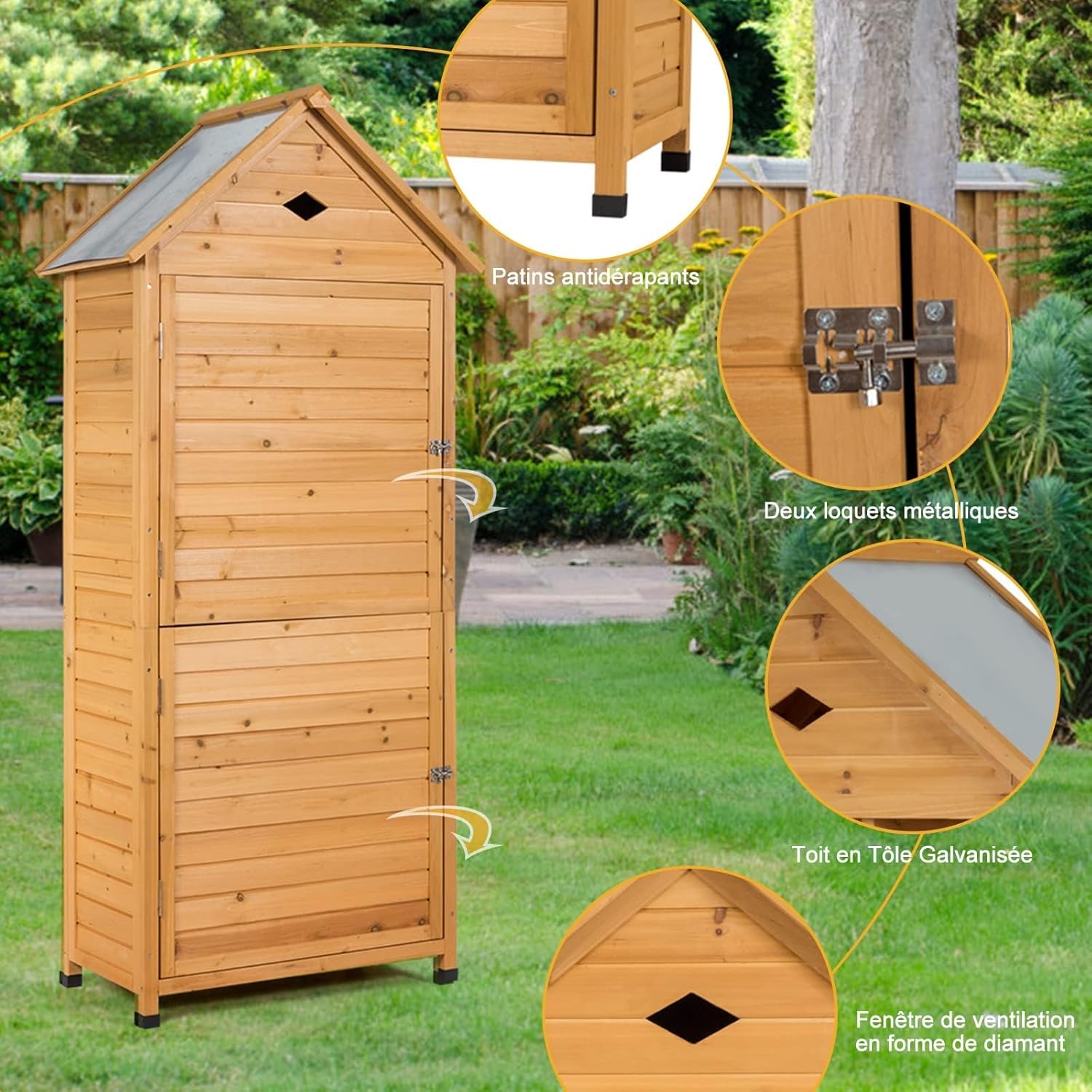 RELAX4LIFE Abri de Jardin en Bois de Sapin avec Porte Verrouillable, Toit Galvanisée,5 Étagères et Compartiment, Cabanon Jardin Extérieur