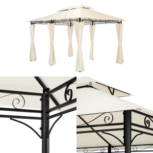 Auvent extérieur ou structure de belvédère avec dessus en tissu beige et panneaux latéraux décoratifs suspendus sur un cadre métallique orné.