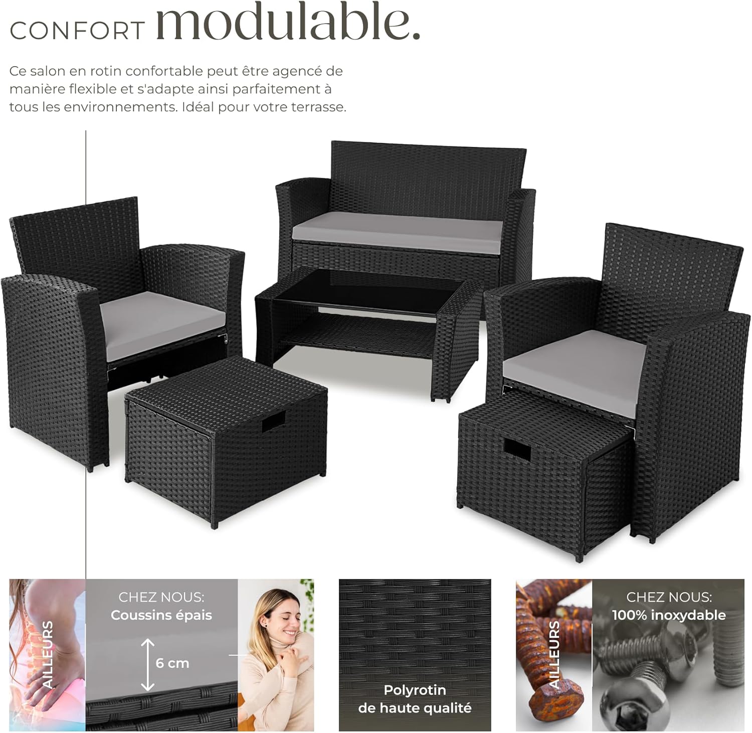 tectake - salon jardin poly rotin, 1 banquette, 2 fauteuils, table, noir/gris
