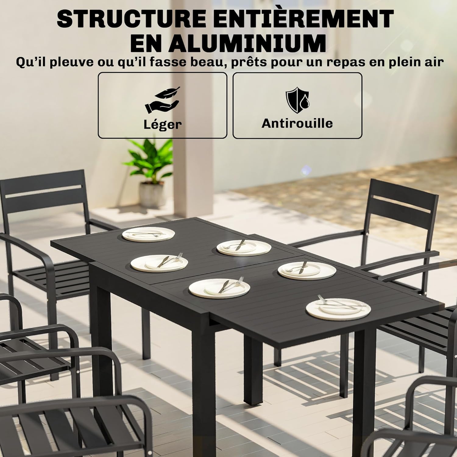 Outsunny - Table Extensible Jardin - 80-160 cm - Aluminium, rallonge, 4-6 pers.