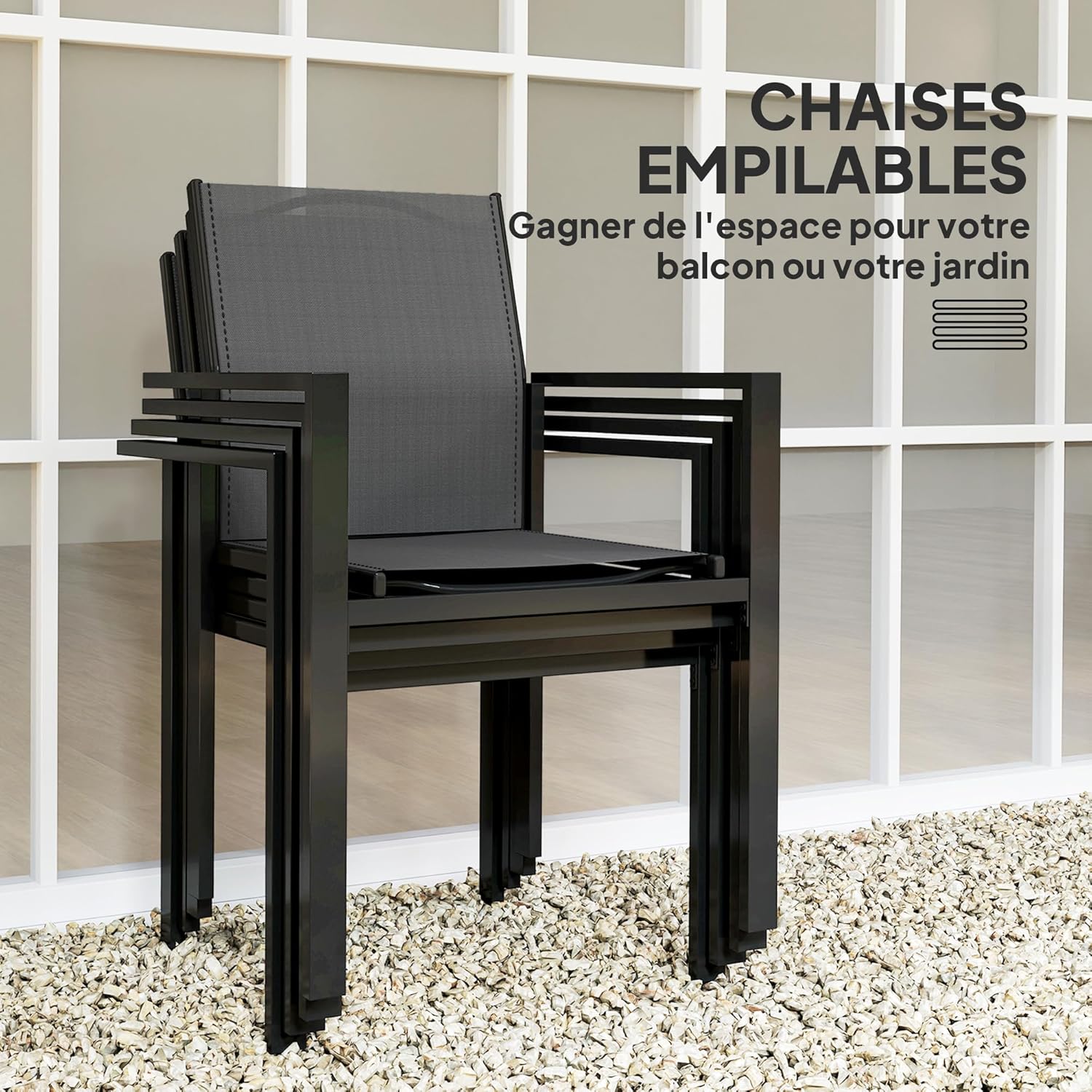 Outsunny - salon de jardin extérieur 4 places - table verre 140 cm, chaises empilables, noir