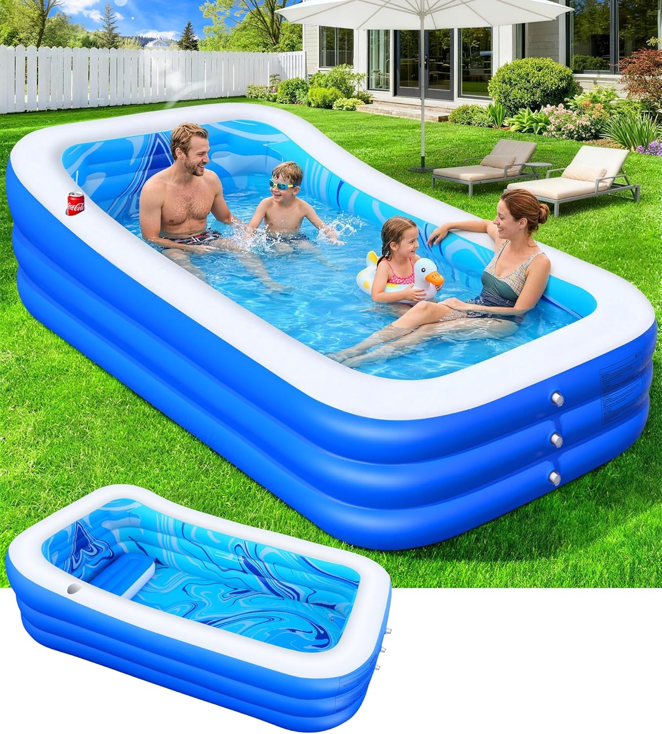 LuxBlue Piscine Gonflable Adulte, Piscine Familiale avec Siège et Dossier, 0.5mm Épaissi Piscines Rectangulaire Gonflable avec Porte-Gobelet, 250*160*63cm Pataugeoire Grande Piscines Gonflable Jardin