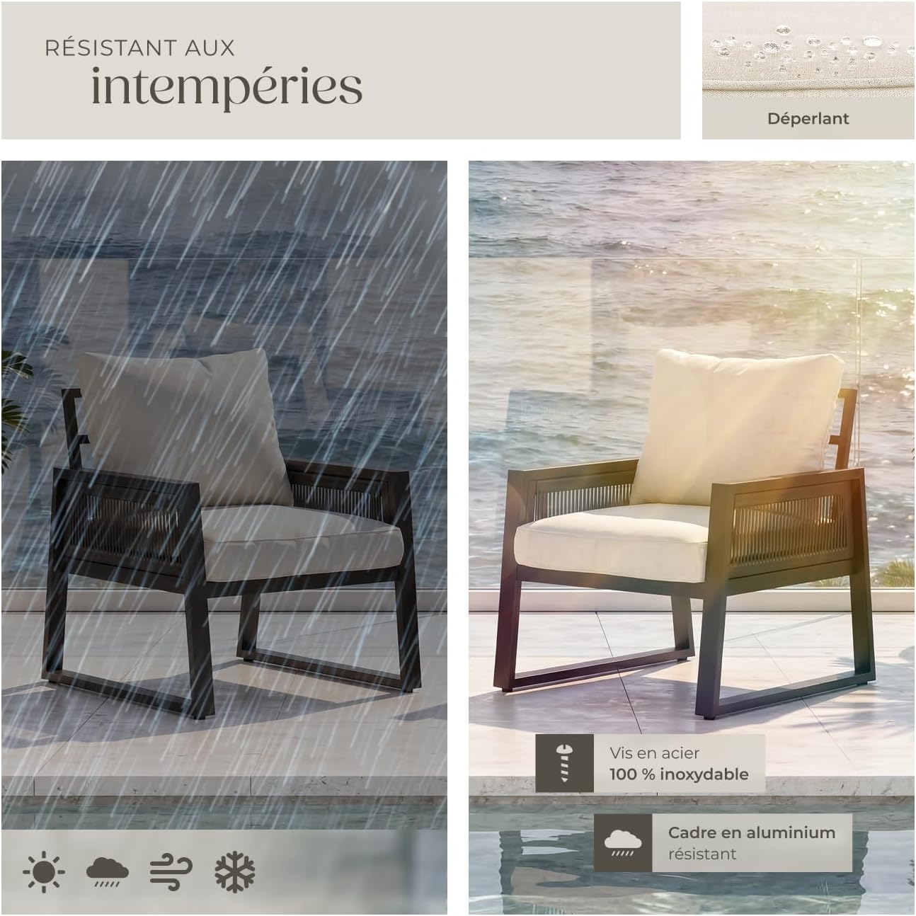 tectake - Lot fauteuils extérieur - alu époxy, coussins épais, x2, confort