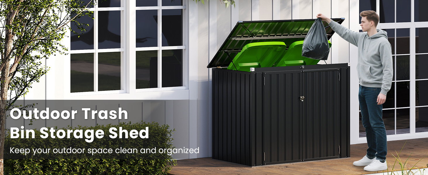 Le texte indique « Abri de rangement extérieur pour poubelles ». Grande unité de rangement vert foncé et noire avec couvercle ouvert, illustrée sur l'extérieur blanc du bâtiment avec fenêtres.