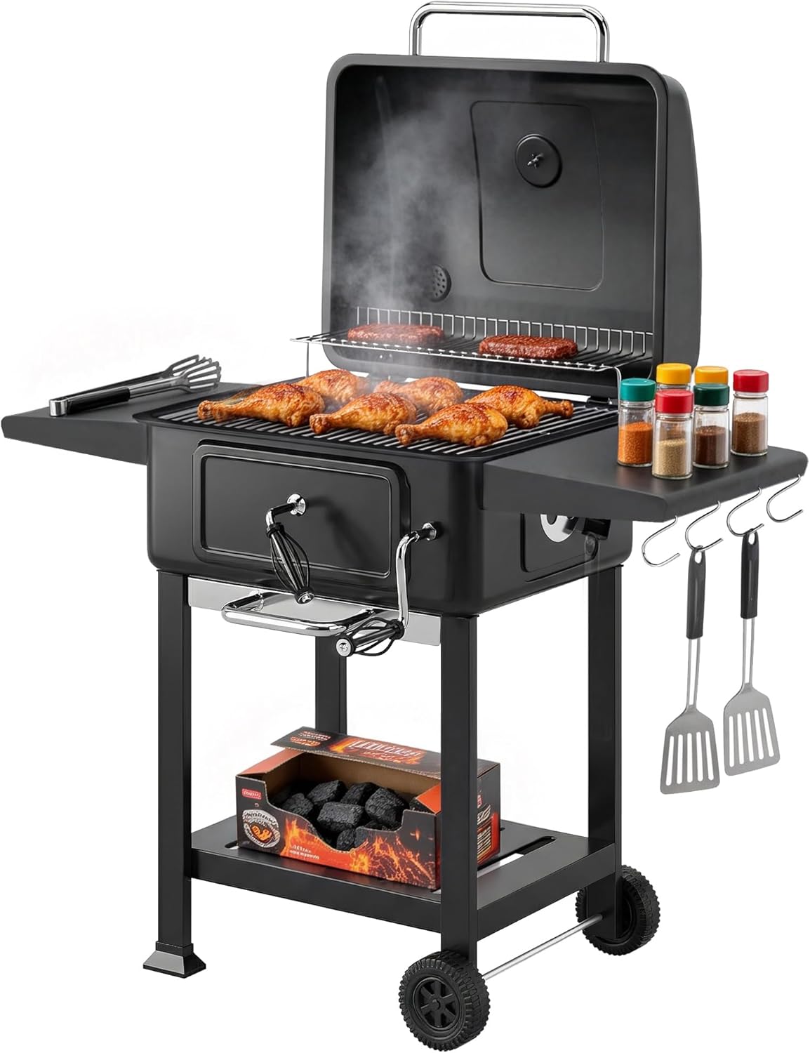 Outsunny - barbecue charbon réglable - grand format - chariot, tablettes, cheminée, roues, thermomètre