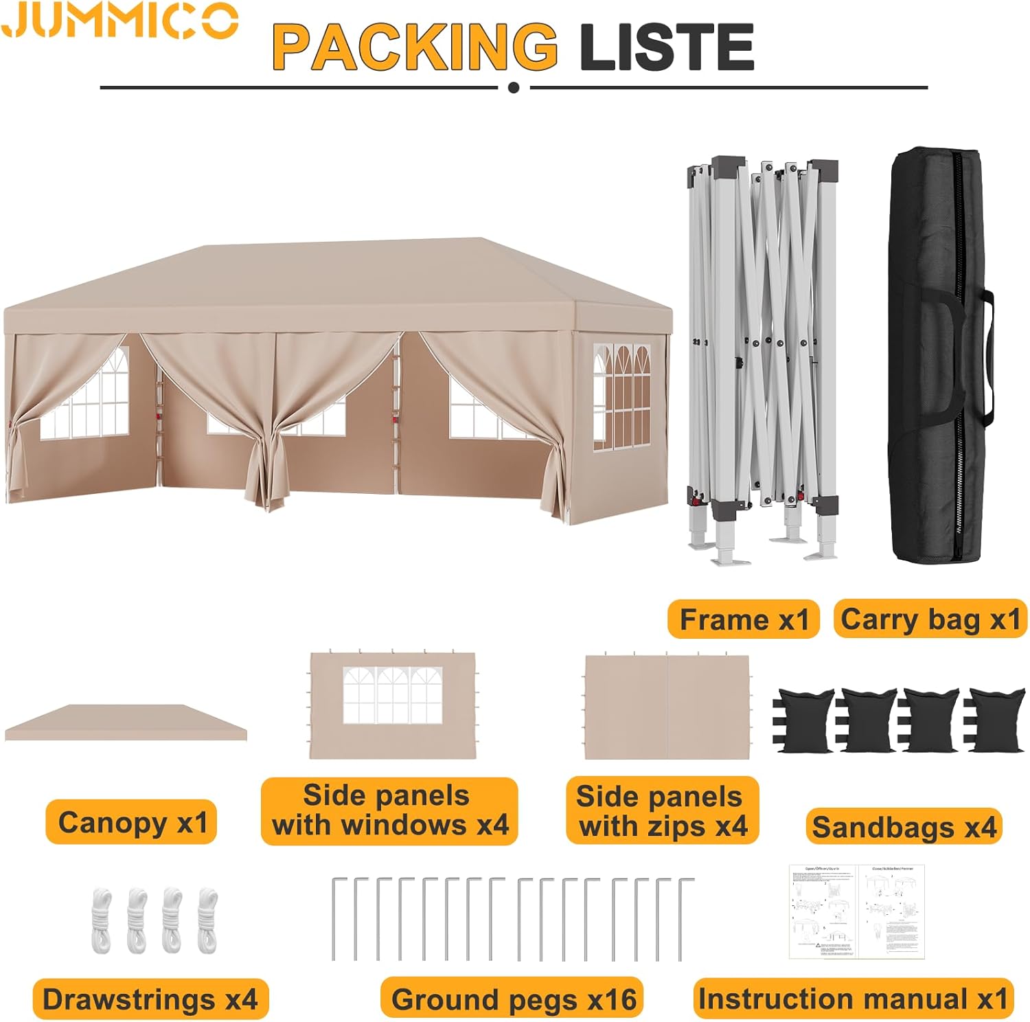 JUMMICO - tonnelle pliante série 3x6 - réglable, imperméable, anti-UV, toile épaisse