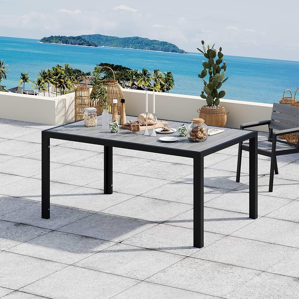 Devoko - HDPS - Table de jardin 150x80x72cm - aluminium, grain bois