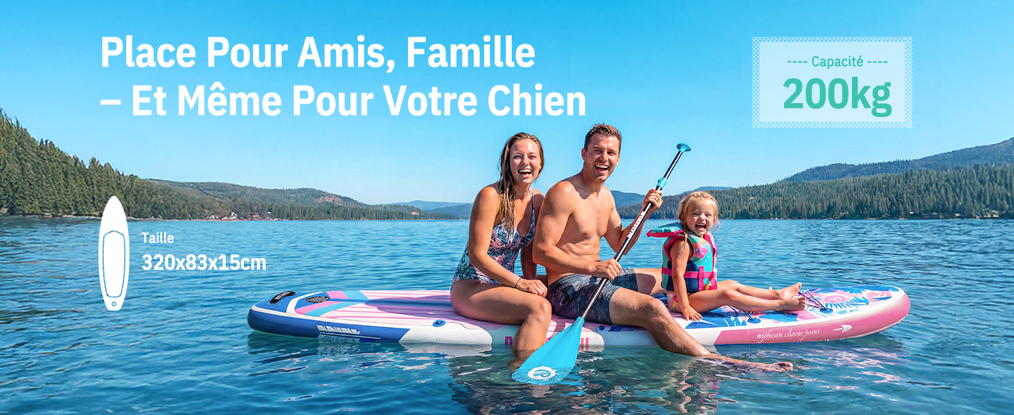 Le texte indique « Place Pour Amis, Famille — Et Même Pour Votre Chien » et « 200 kg ». Famille sur une plate-forme flottante gonflable sur un lac entouré de montagnes, démontrant la capacité de poids et l'utilisation de l'eau à des fins récréatives par plusieurs personnes.