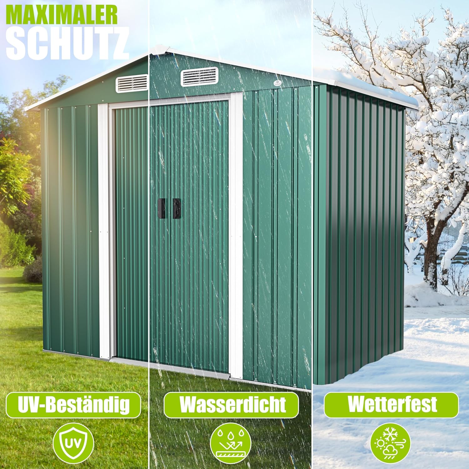 KESSER® Abri de Jardin XL en métal de 4,2 m³ avec Fondation, Gants de Travail, 182 x 118 x 186 cm, 2 Portes coulissantes, Abri à Outils, Armoire, Toit à Pente de Jardin Vert