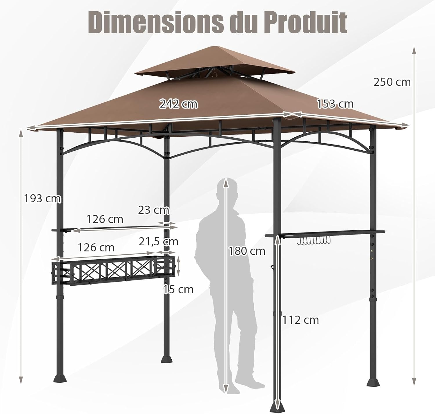 GOPLUS - tonnelle barbecue extérieur - 242x153x250cm - double toit, crochets, décapsuleur