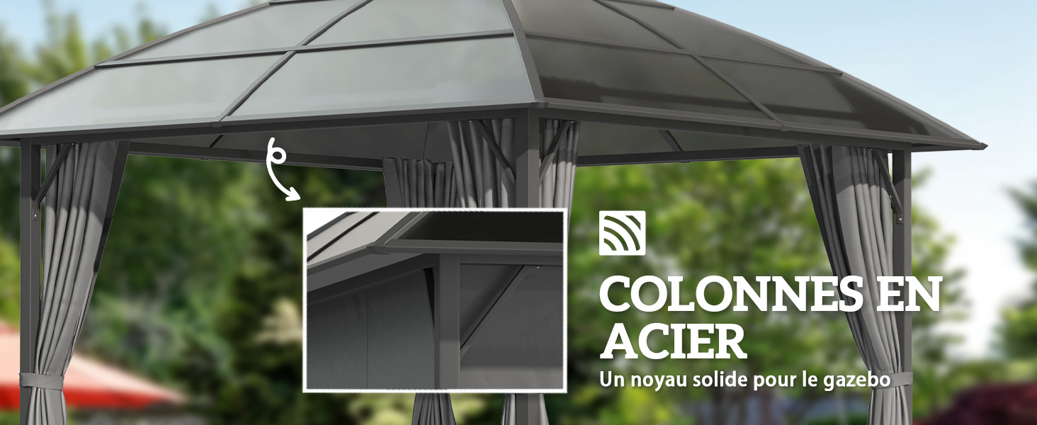 avec structure en métal gris et toit pointu. Le texte met en évidence les « COLONNES EN ACIER » (colonnes en acier), soulignant la durabilité de la structure