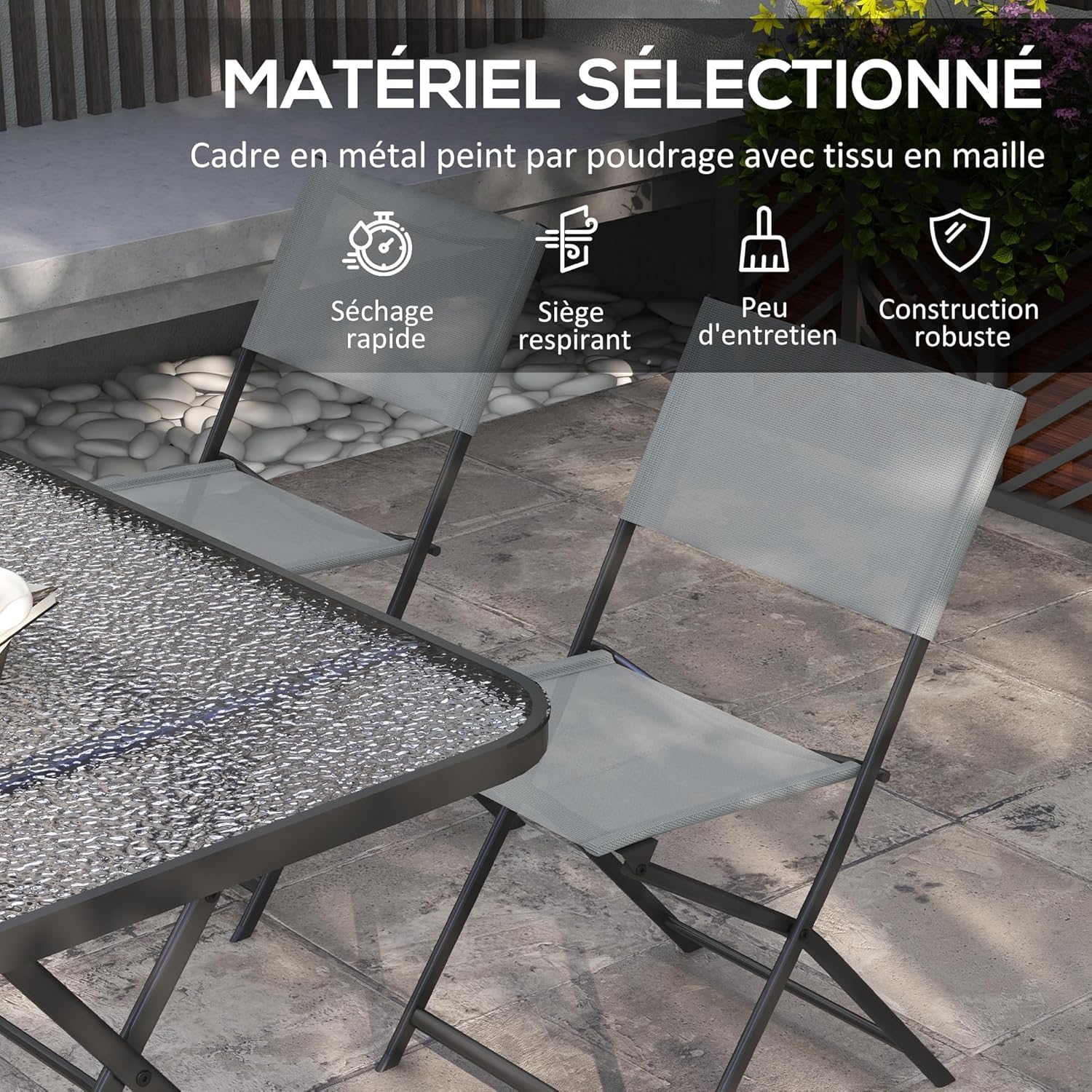 Outsunny - Ensemble de jardin 5 pcs - chaises pliables, table verre, gris