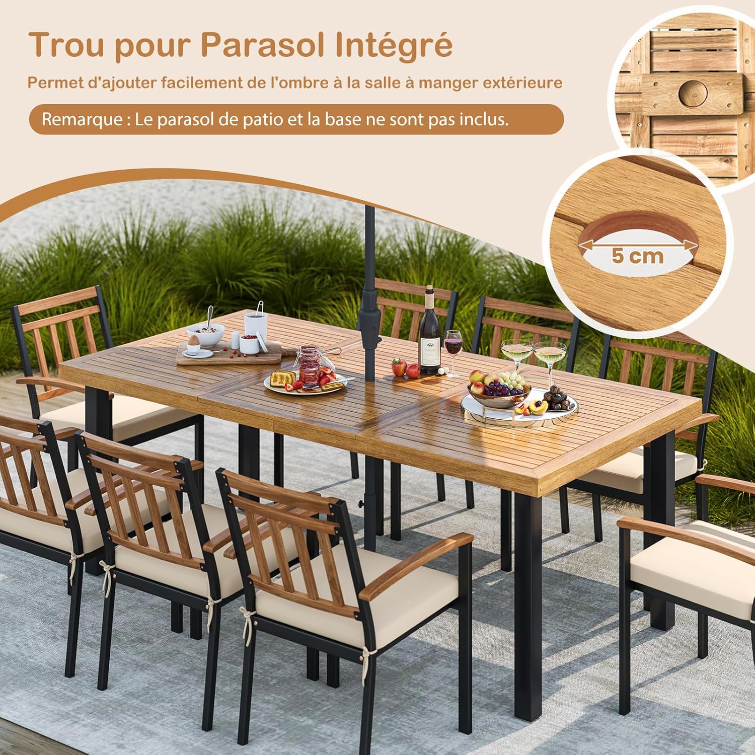 GOPLUS - Table à manger bois FSC 200x100x75cm - 8 pers, trou parasol