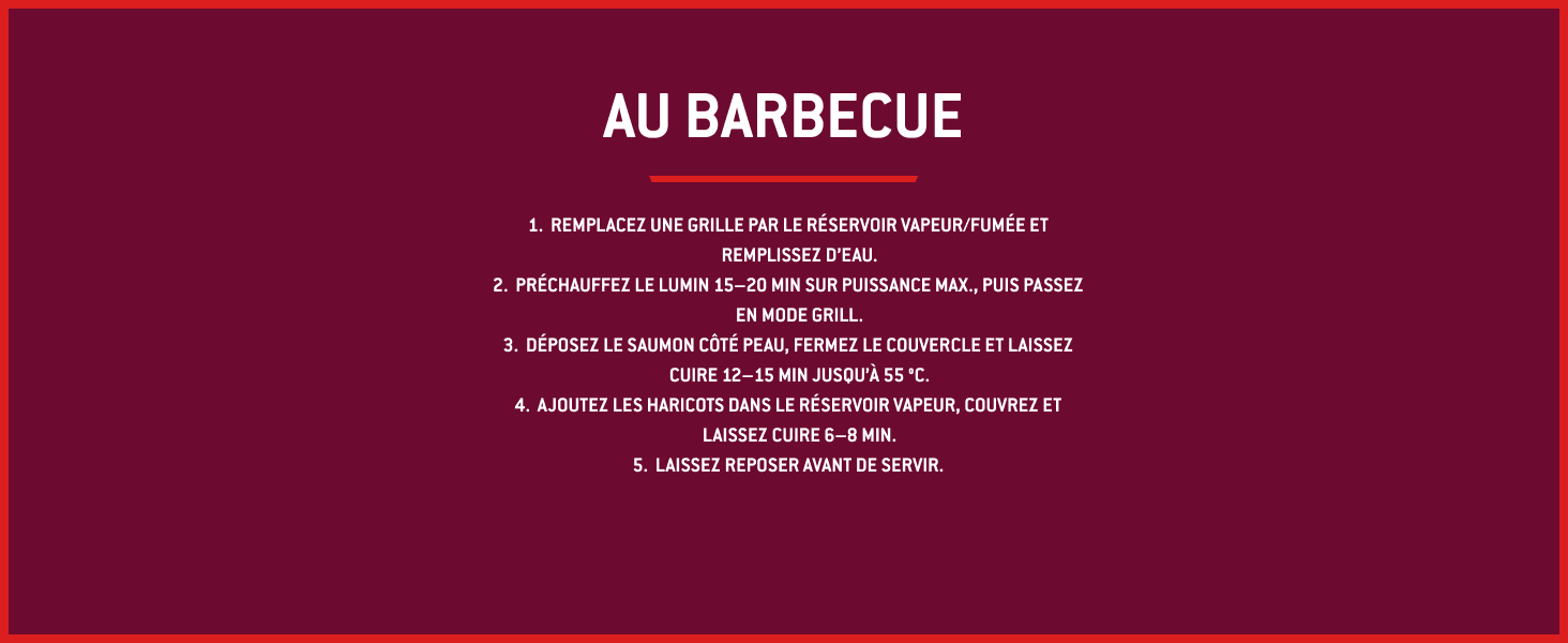 Le texte se lit comme suit : « AU BARBECUE », suivi d'une liste numérotée en texte blanc sur fond bordeaux foncé, semble être une instruction de cuisson ou une recette.
