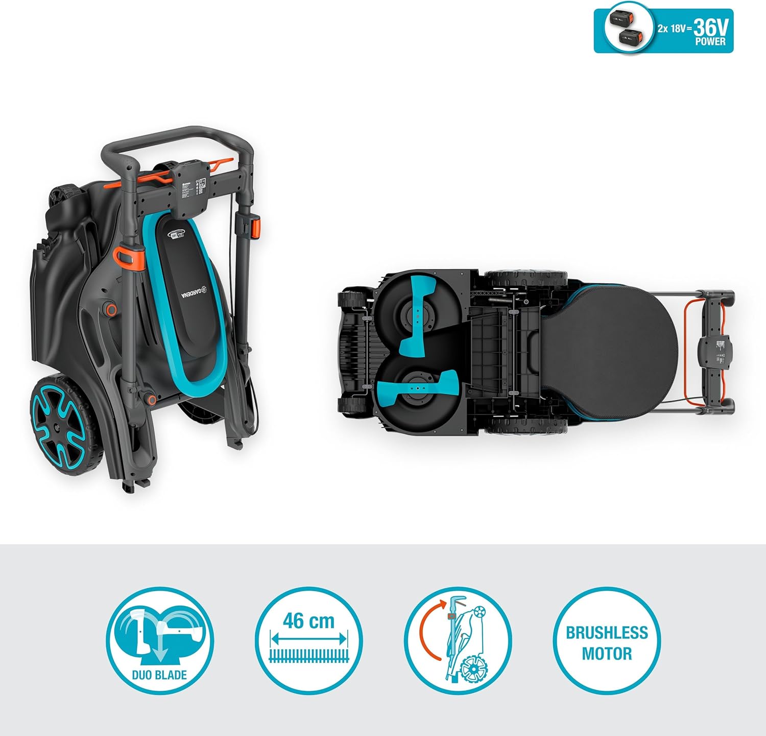 Gardena Tondeuse sur Batterie PowerMax Duo 46/36V P4A 4 Ah - Kit prêt à l'emploi: Haute Performance, Deux Lames Valent Mieux Qu’Une, Idéal pour Les espaces étroits (14646-20)