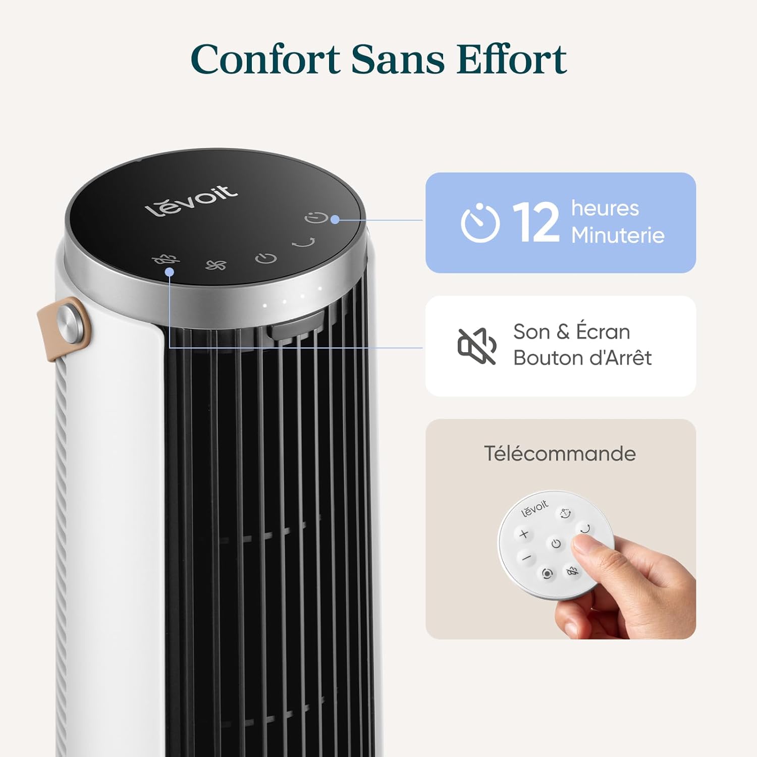 Levoit Windi Mini Ventilateur Colonne 20 dB Ultra Silencieux, Ventilateur de Table Moteur DC, Puissance jusqu'à 7 m/s, 4 Vitesses, Oscillation 90°, Minuterie 12H, Télécommande