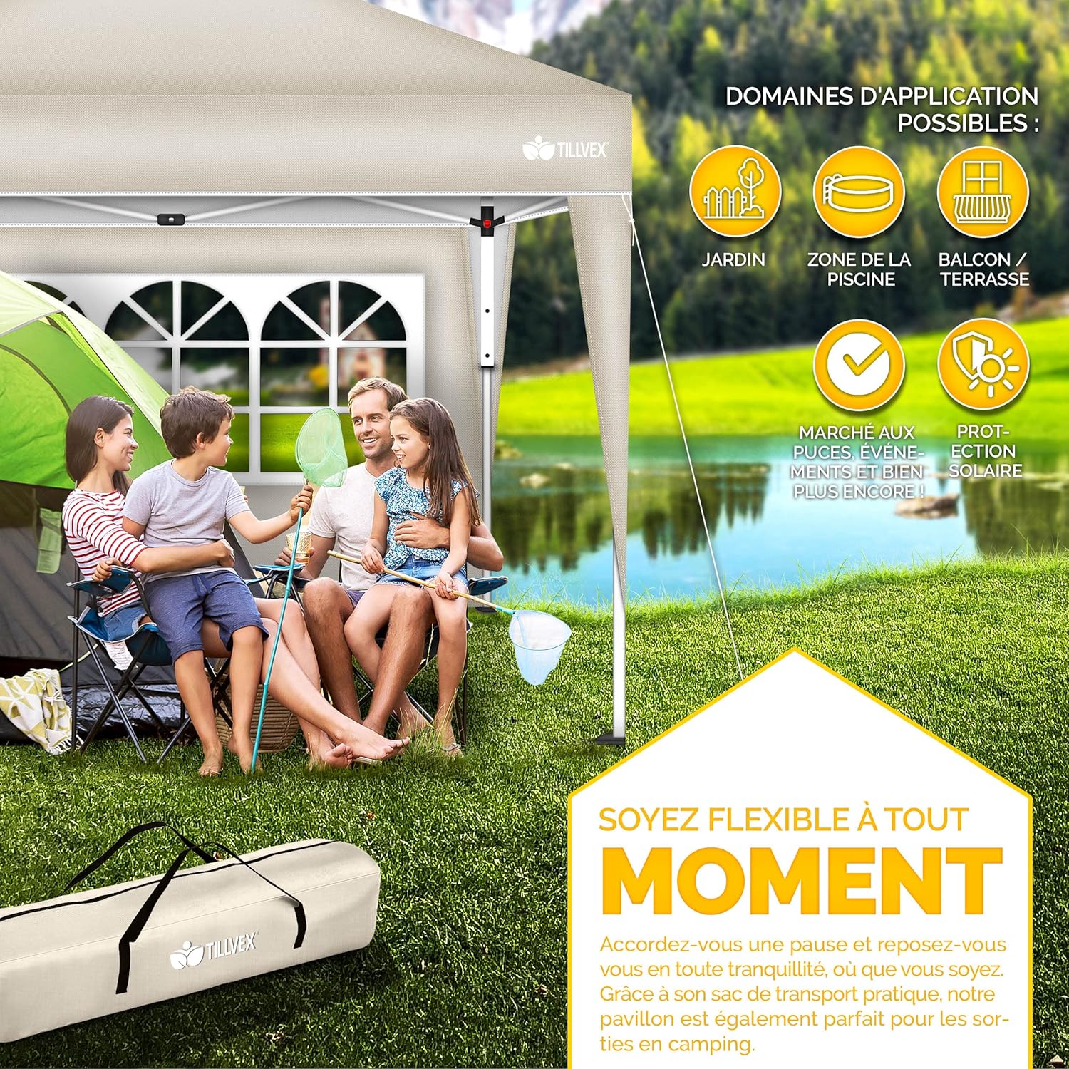 tillvex - Tonnelle de jardin pliante - 3x3m - 2 côtés, hauteur réglable, UV50+, sac inclus