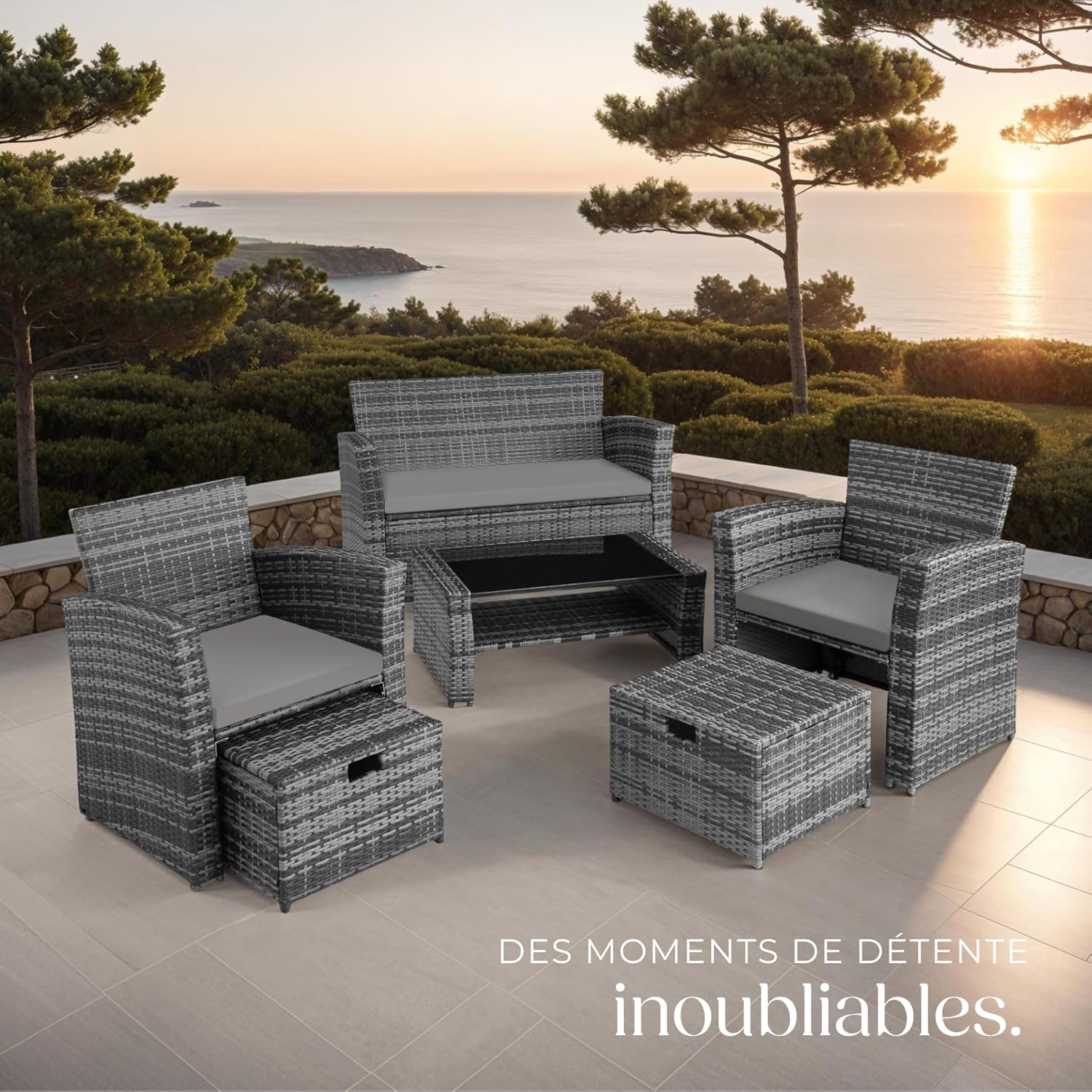 tectake - Salon de jardin polyrotin 6 places, housse incluse, gris