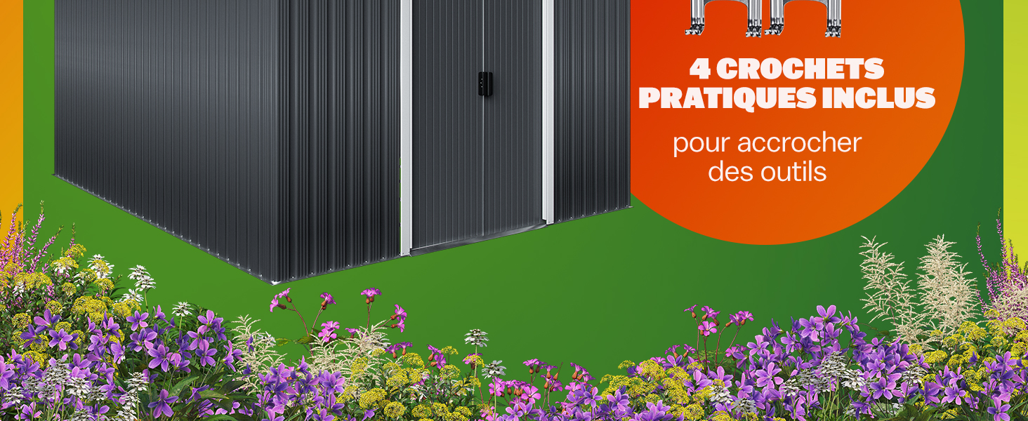 Vue partielle d'un abri de jardin en métal gris avec portes coulissantes, posé sur gazon. Le texte surligné en orange comprenait des crochets pour le rangement des outils. Fleurs colorées au premier plan.