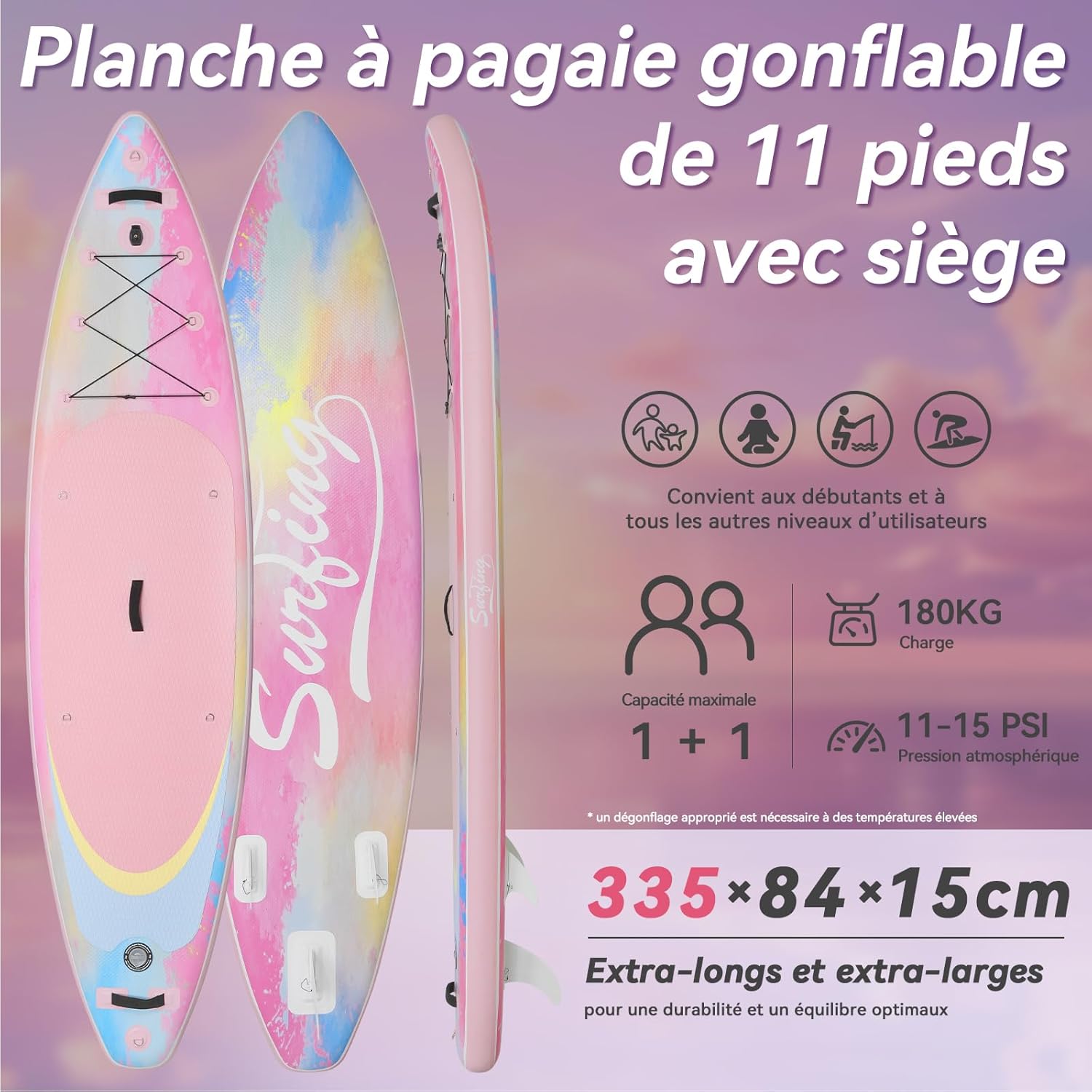 YU YUSING - Paddle Gonflable Série Adulte - 320/335cm - 2 places, siège kayak, pagaie alu, support caméra, pompe, 150kg