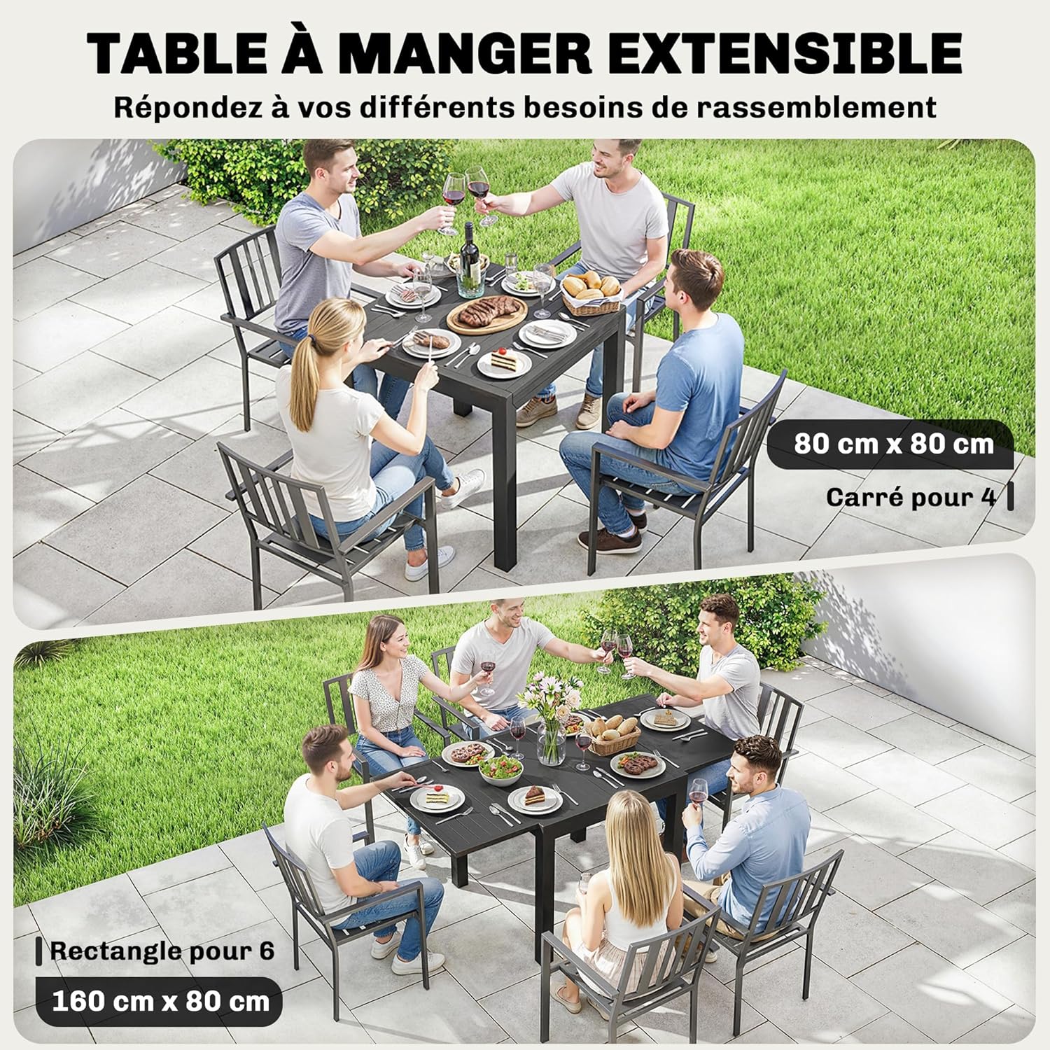 Outsunny - Table Extensible Jardin - 80-160 cm - Aluminium, rallonge, 4-6 pers.