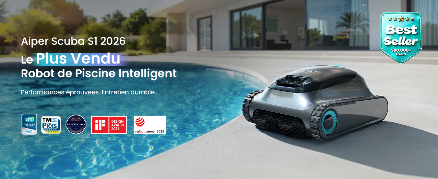 Le texte indique « Flash Vanish », « Robot en Piscine Intelligent ». Un robot nettoyeur de piscine est montré en fonctionnement sous l'eau avec des icônes de capacités techniques affichées dans un coin.