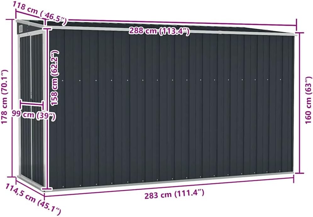 vidaXL Abri de Jardin Mural Abri de Rangement d'Outils Rangement d'Equipement de Jardin Extérieur Cour Anthracite 118x288x178 cm Acier