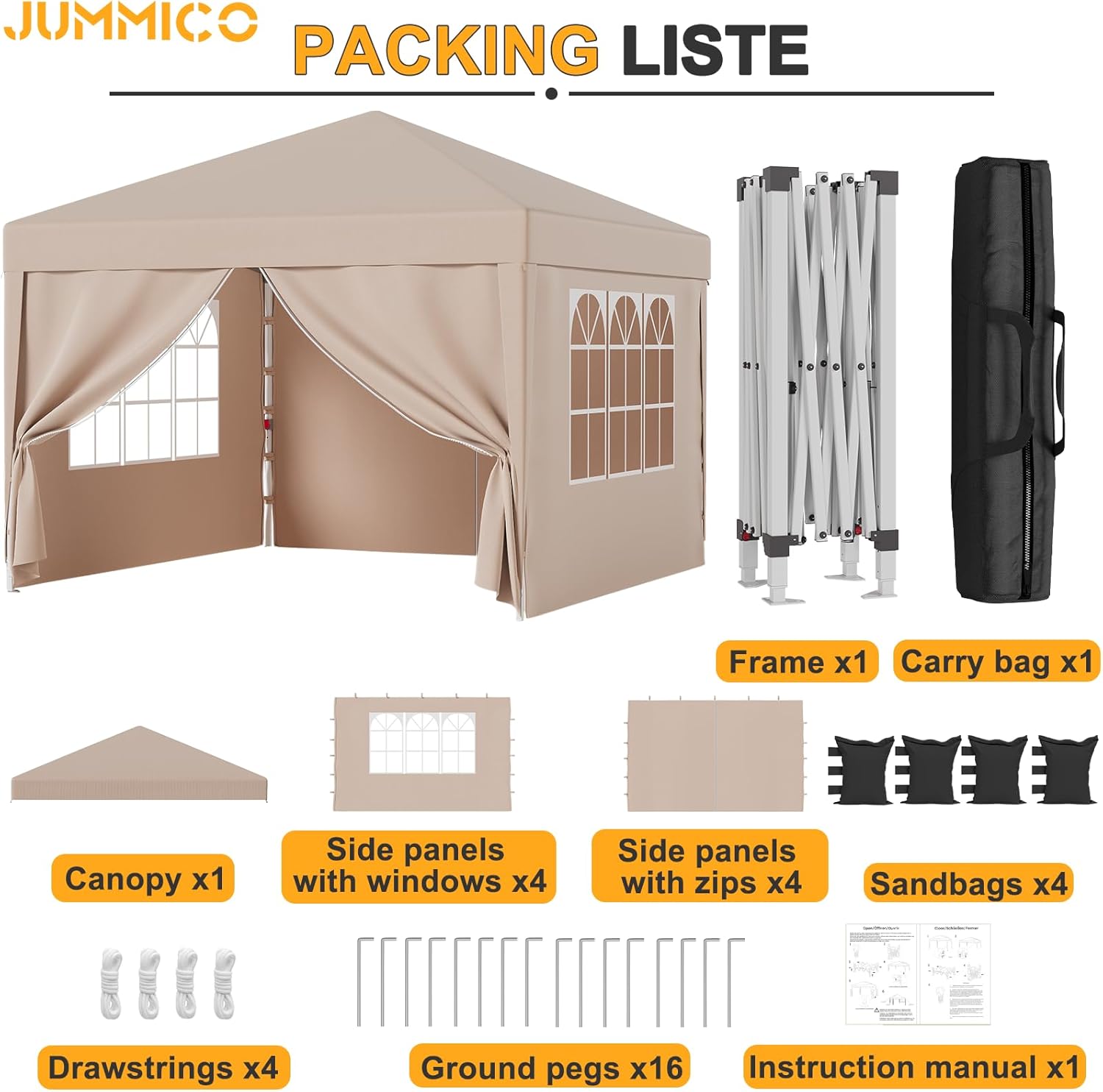 JUMMICO Tonnelle Pliante 3x3 imperméable, Hauteur Réglable, Toile Épaisse avec Fermeture Velcro, Structure Robuste, Protection Anti-UV, Idéale pour Camping, Jardin et Plus Encore, Beige