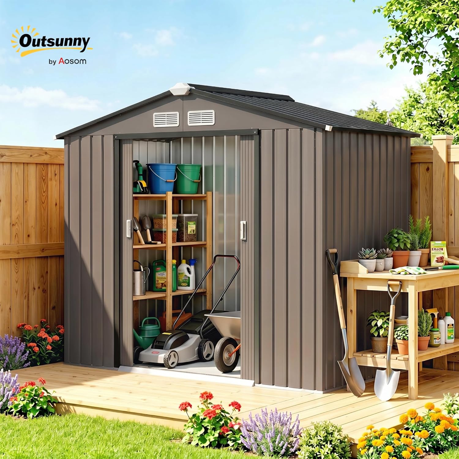 Outsunny - Abri de jardin métal 2,77 m², 213x130x185 cm, porte coulissante, marron