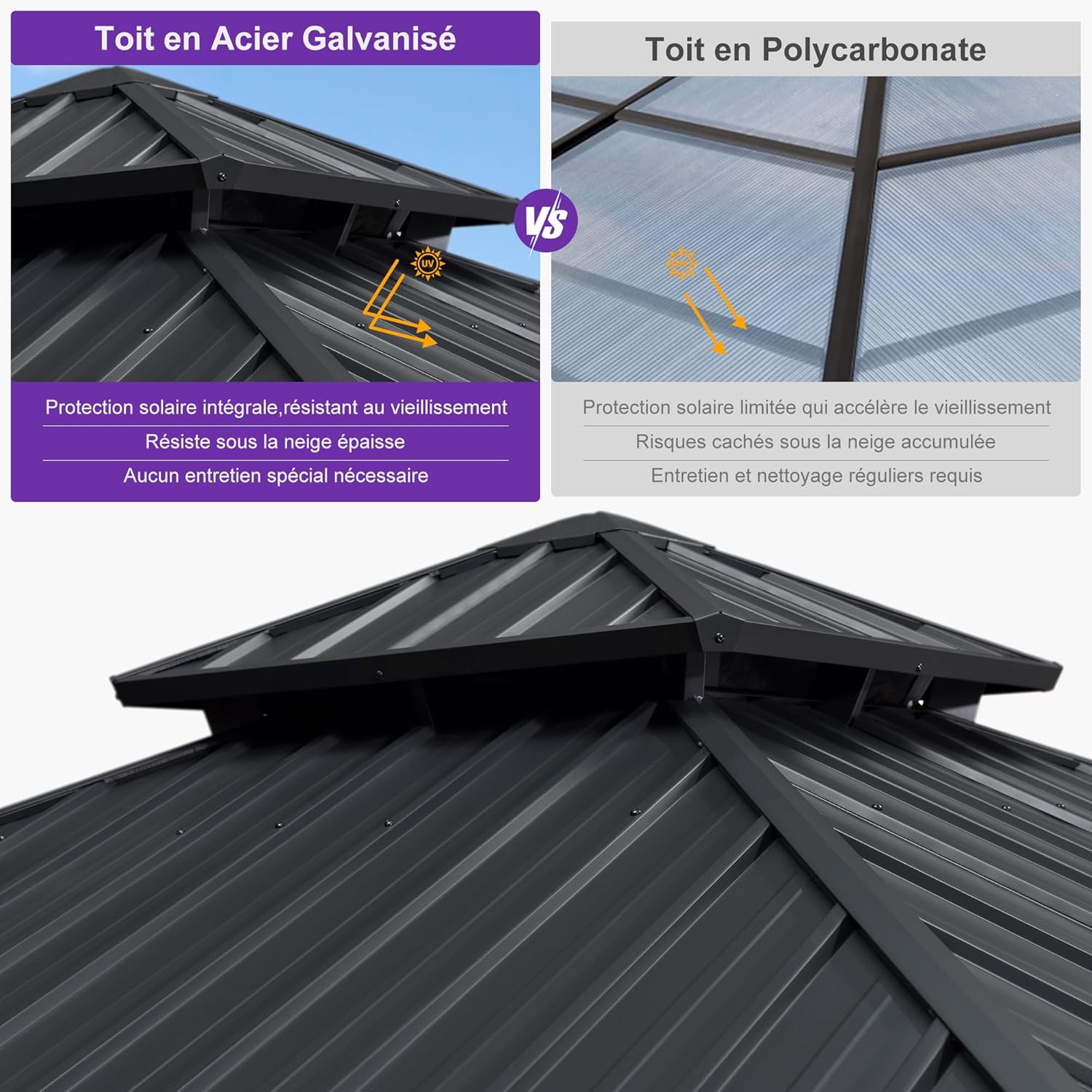 PURPLE LEAF - Pavillon jardin double toit alu 3,65x3,65m, rideaux, moustiquaire