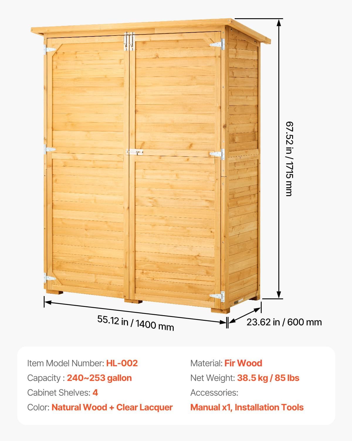 VEVOR - Abri de Jardin bois, 1400x600x1715 mm, toit étanche, cadre métal, portes doubles à serrure