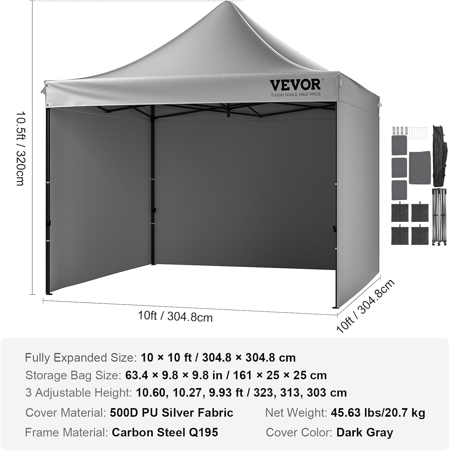 VEVOR - tonnelle pop-up série - 304x304 cm - parois amovibles, résistante UV, imperméable, sac à roulettes