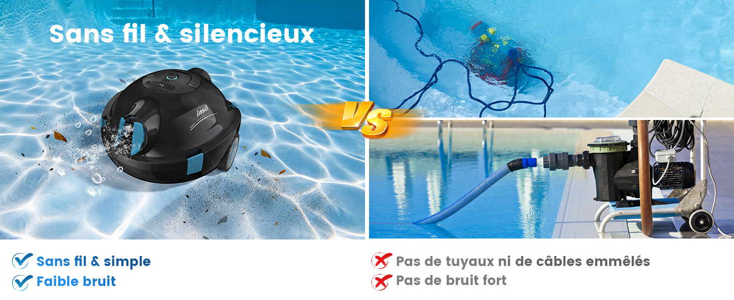 Le texte indique « Sans fil & silencieux » avec une comparaison montrant un appareil noir sous-marin et un équipement de piscine bleu. Les cases indiquent « Sans fil & simple » et « Fiable étroit ». Les marques X indiquent « Pas de tuyaux ni de câbles enroulés » « Pas de bruit fort ».