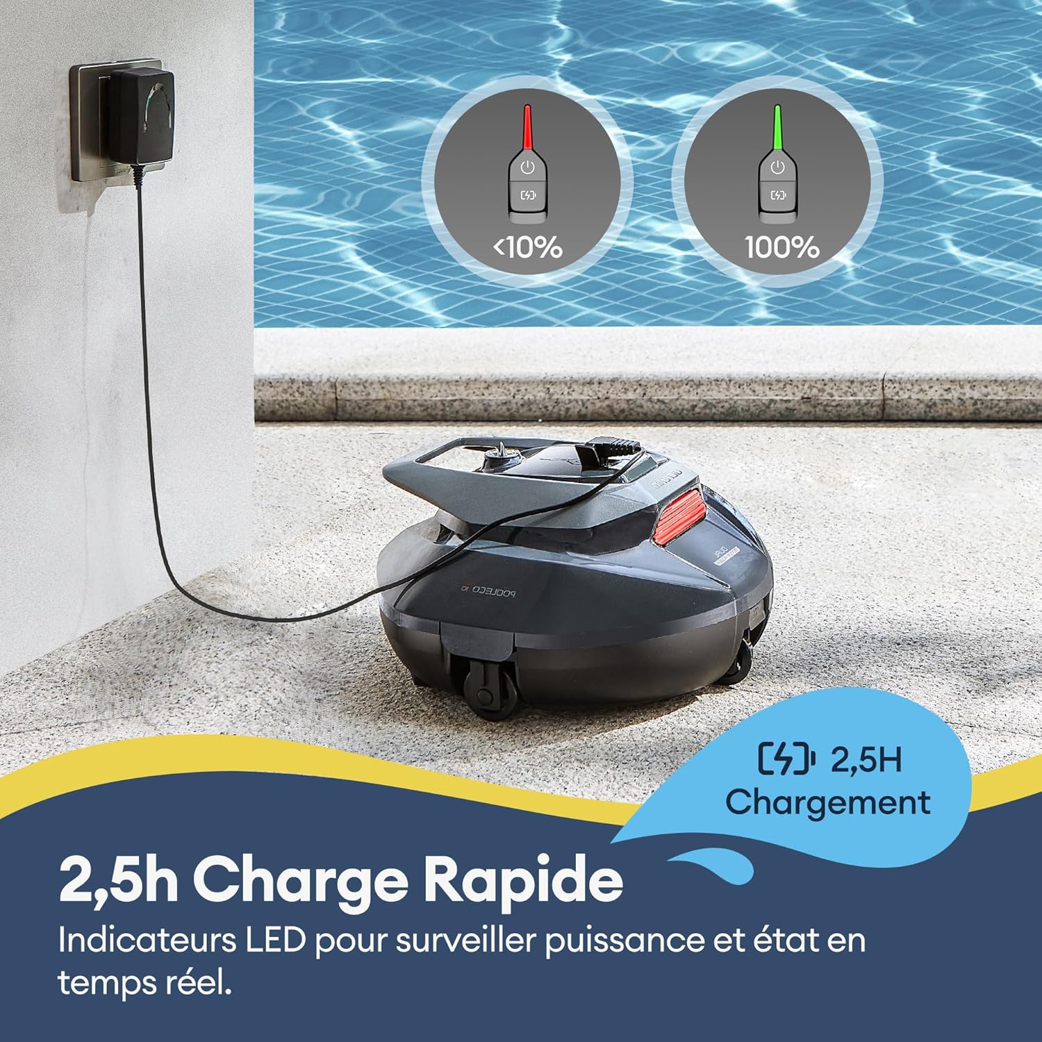 Ultenic Pooleco 10 Robot Piscine, 90Min, 80m², Robot Piscine sans Fil, Auto Stationnement, 3 Heures de Charge Rapide, Conception de Récupération sans Crochet, Convient à Une Large Gamme de Piscines