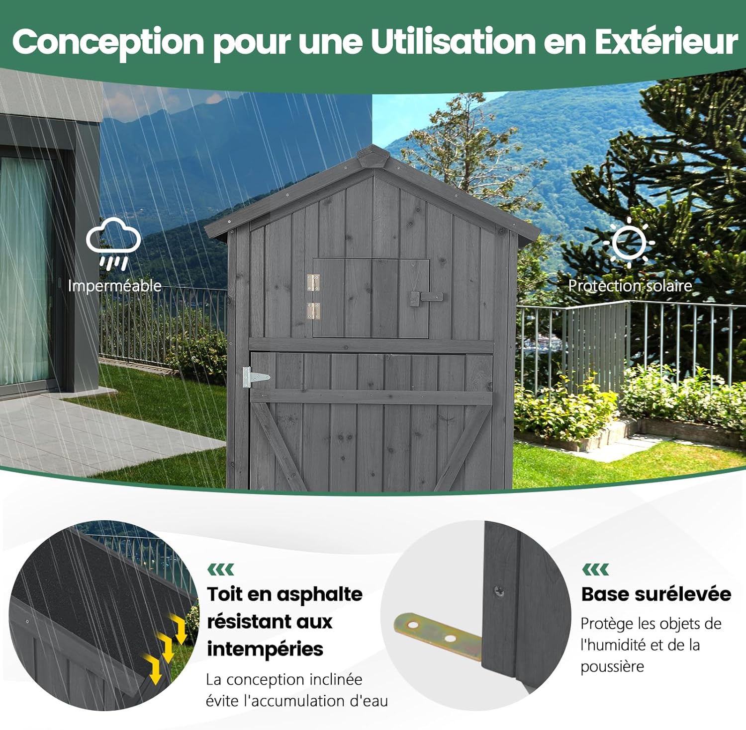 GOPLUS Abri de Jardin en Bois de Sapin avec Toit en Asphalte, 75 x 50 x 180,5 CM, Cabane de Jardin Exterieur avec Porte Verrouillable, Table Pliable, Crochet, 3 Étagères Amovibles, pour Terrasse, Gris