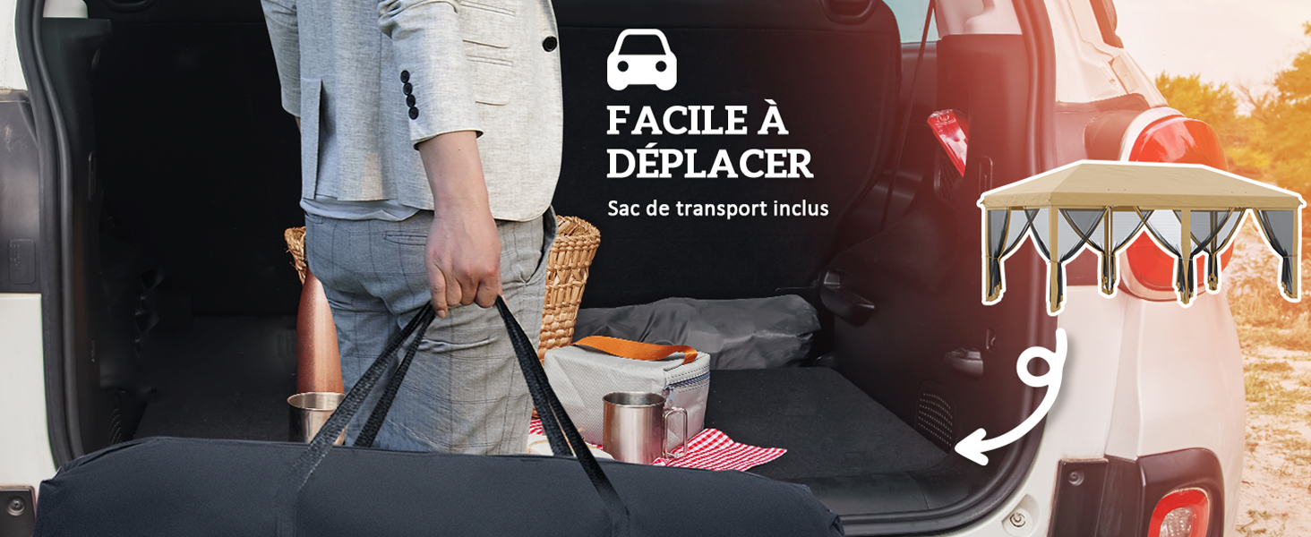 Coffre de voiture avec sac de rangement et accessoires de transport présenté au coucher du soleil, avec le texte français « Facile à déplacer » indiquant la fonction de