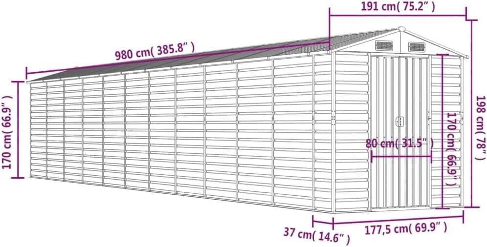 vidaXL Abri de Jardin Anthracite 191x980x198 cm Acier galvanisé