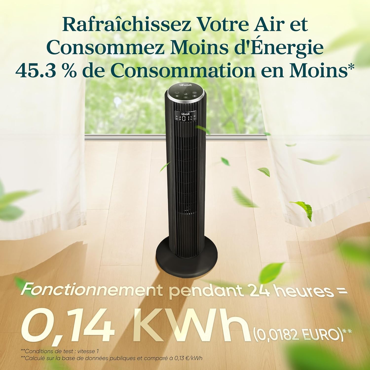 Levoit Ventilateur Colonne Silencieux 20 dB, Moteur DC, Refroidissement Puissant 7.9 m/s, 4 Modes 12 Vitesses, Mode Sommeil Avancé, Oscillation 90°, Télécommande, Minuterie 12 h, Noir, 92 cm