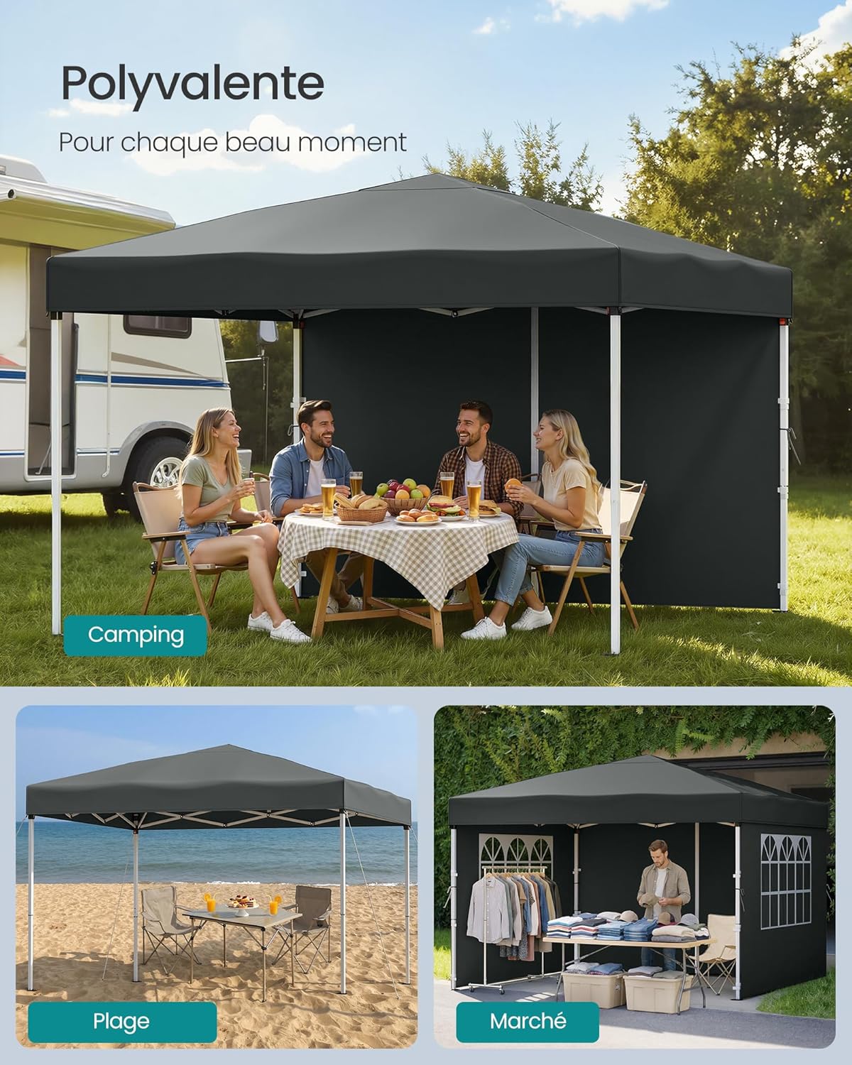 Tonnelle SONGMICS - Chapiteau pliable 3x3m - Protection solaire, résistante aux petites pluies, portable, avec parois la