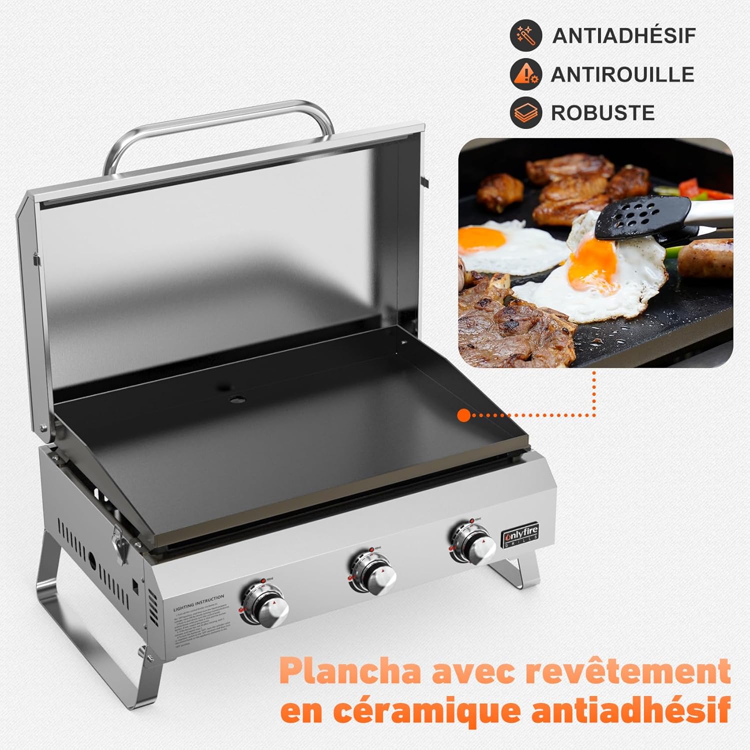 onlyfire - Plancha gaz inox - 57x36cm - 3 brûleurs, 7kW, céramique, pieds pliables