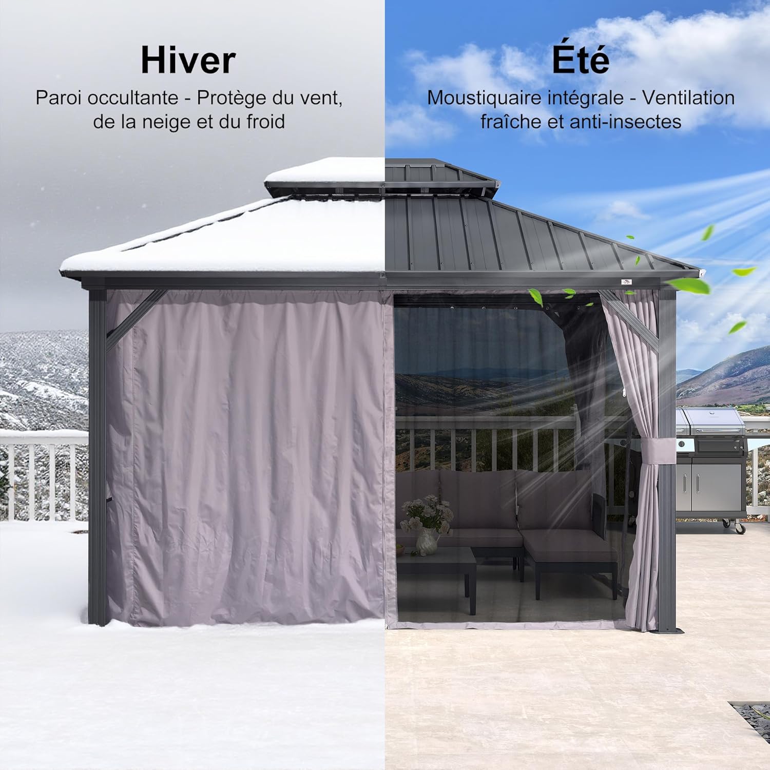 PURPLE LEAF - Pergola aluminium double toit 3,65x3m rideaux moustiquaire