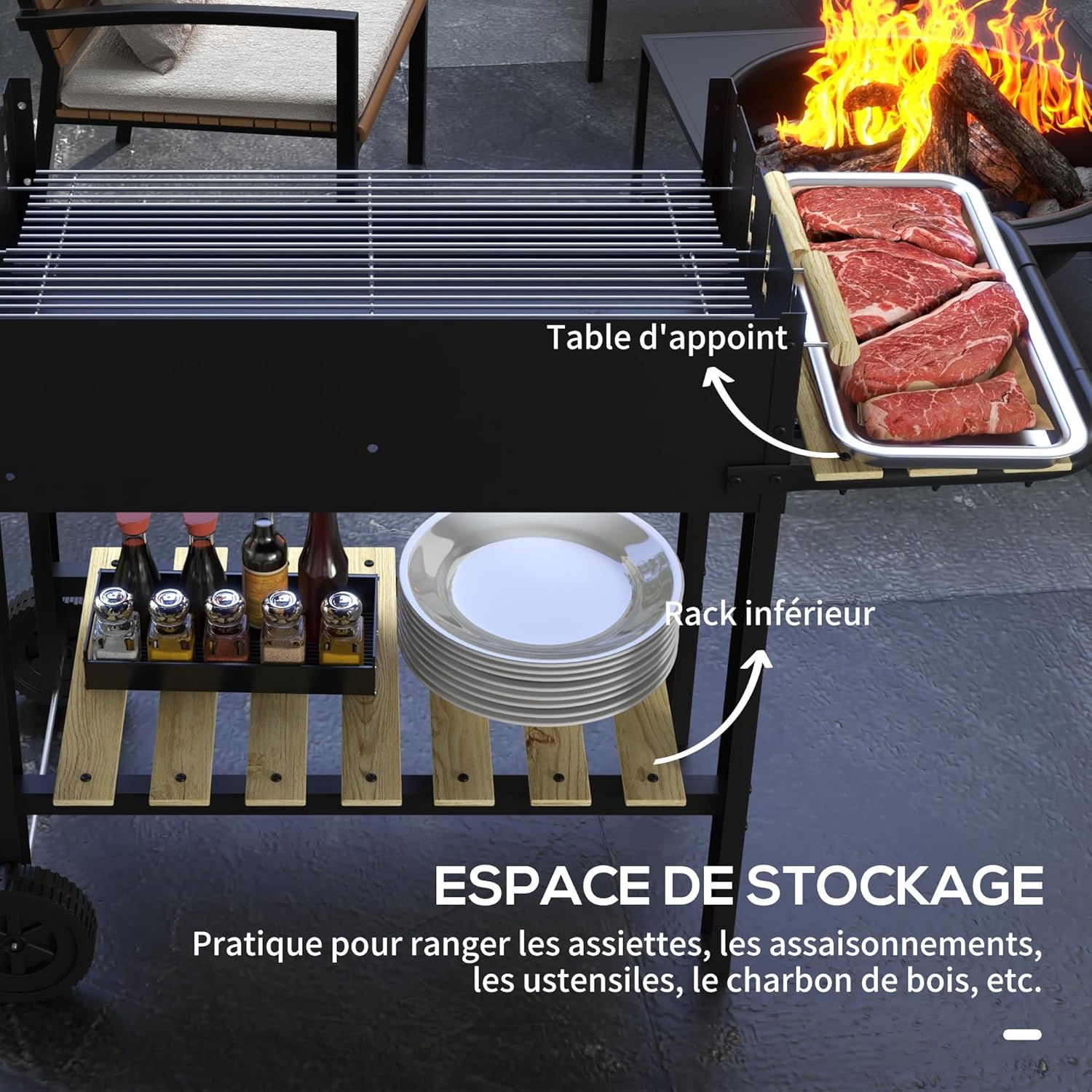 Outsunny - BBQ sur pied - 113x53,5x82,5 cm - double gril, roues, étagères