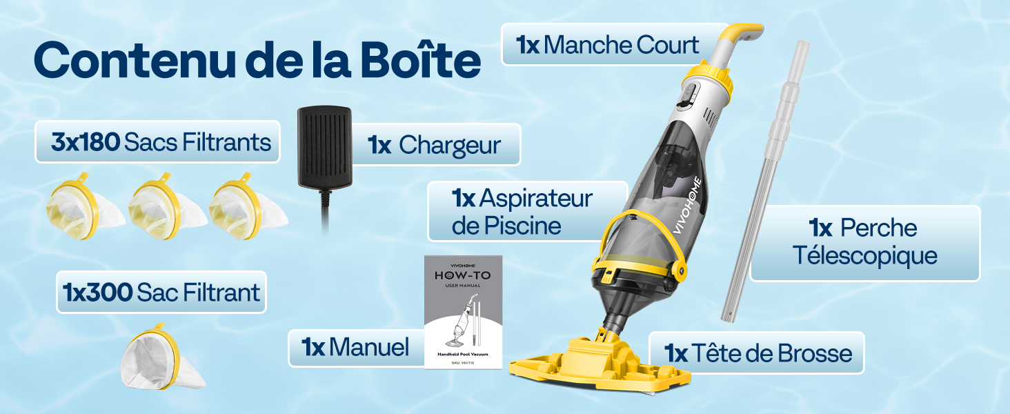 Le texte indique « Contenu de la boîte ». Schéma du produit en français montrant les composants de l'équipement d'entretien de la piscine, y compris la perche télescopique et les accessoires de filtration.