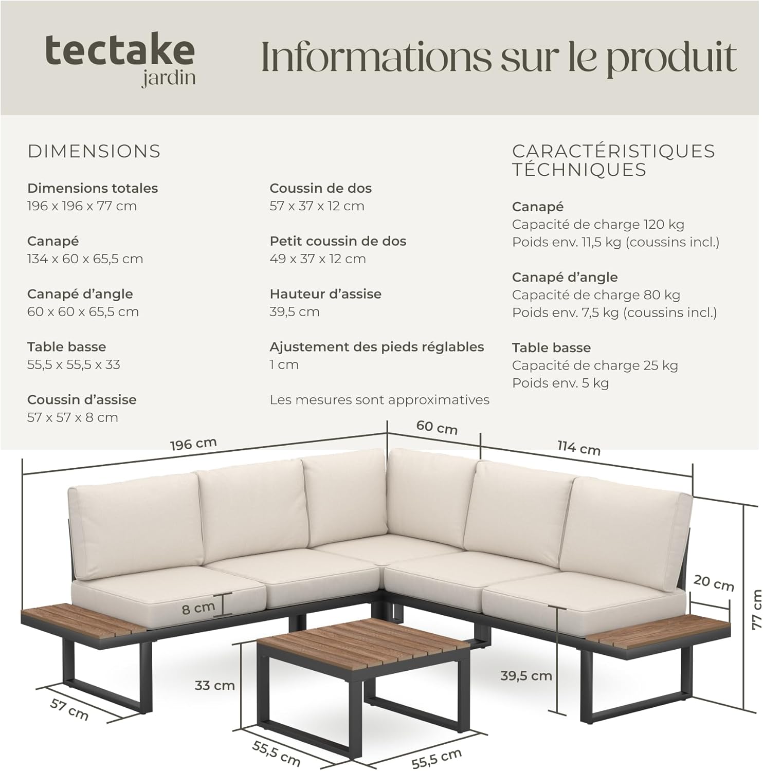 tectake - Ensemble salon 5 places aluminium, coussins épais, 215x134x70 cm