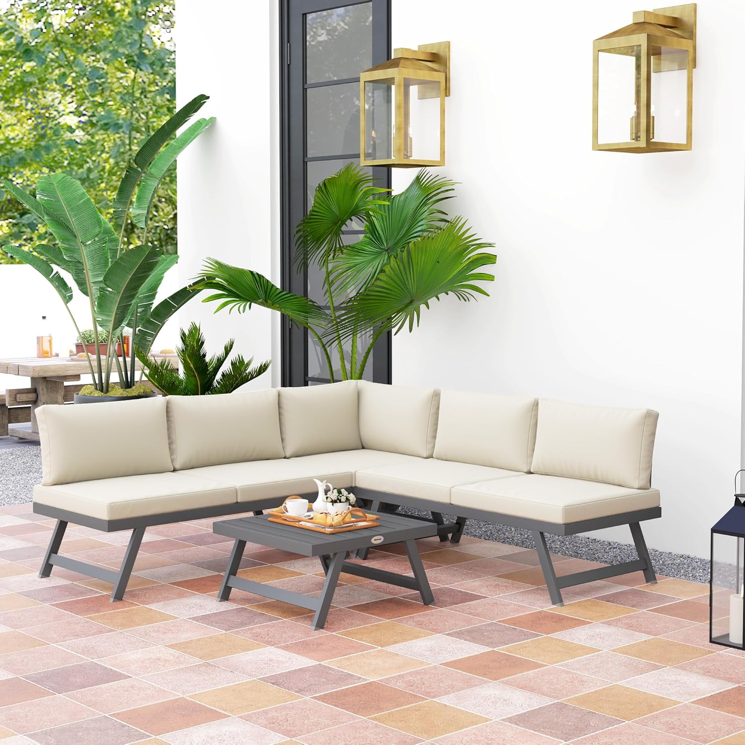 Outsunny - salon de jardin d'angle convertible 4 pcs - alu et acier, coussins, beige
